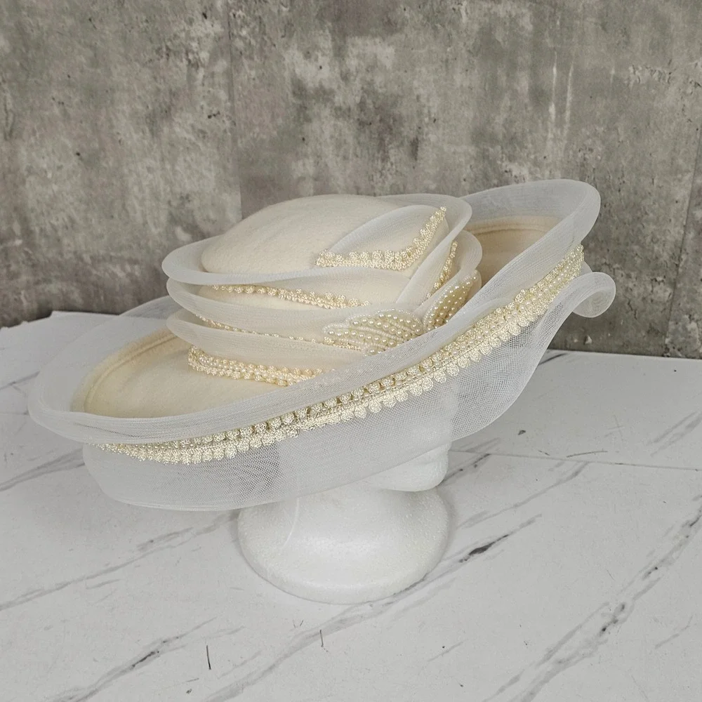 Vintage Church Hat Cream Formal Dress‎ Hat Pearl Beaded Wedding Party - Picture 4 of 13